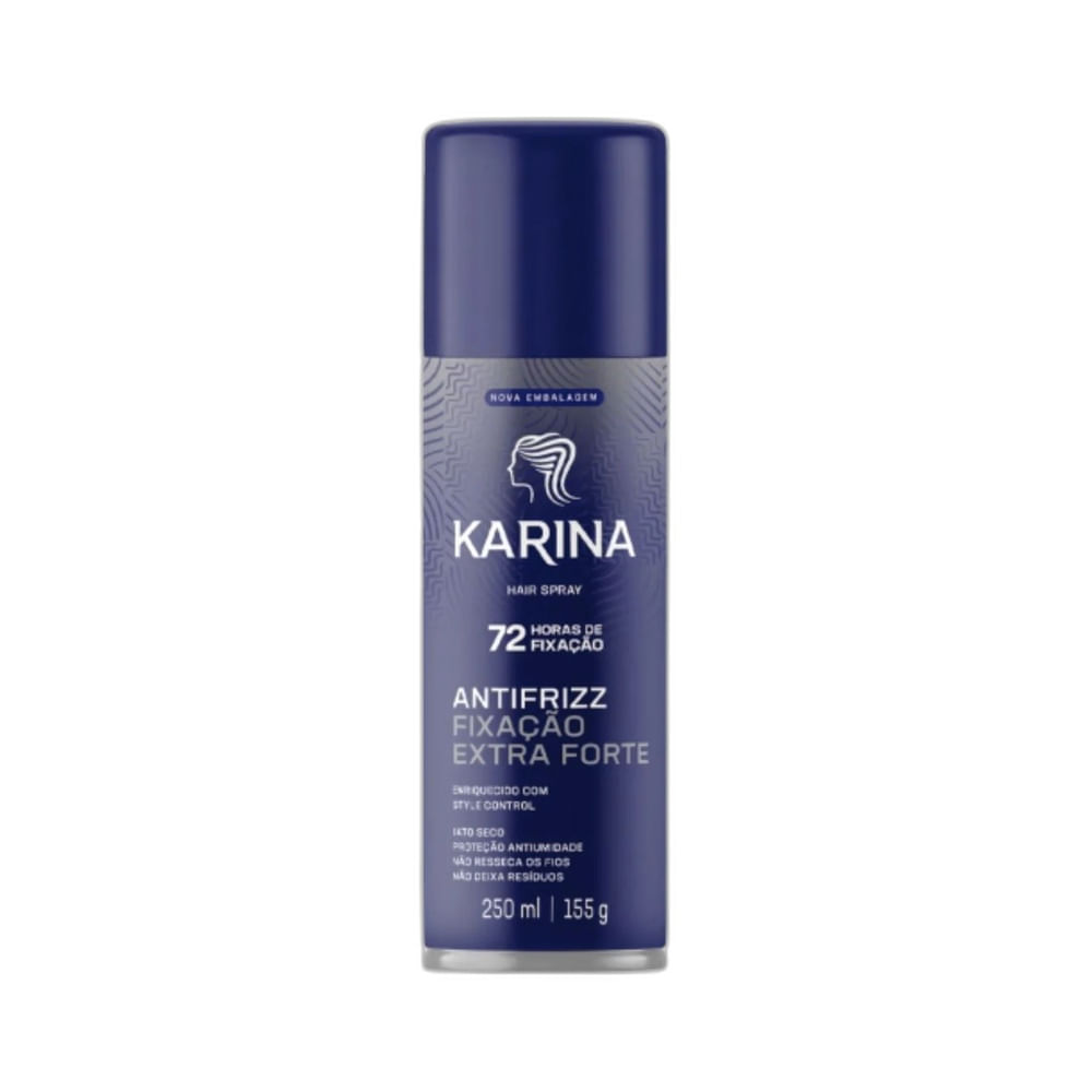 Hair Spray Karina Antifrizz Fixação Extra Forte 250ml em embalagem azul escuro